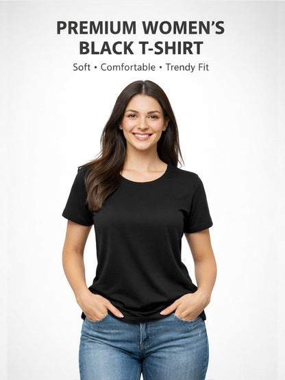 PrintoKraft Women Premium Black Cotton T-Shirt | Soft Plain Round Neck Tee
