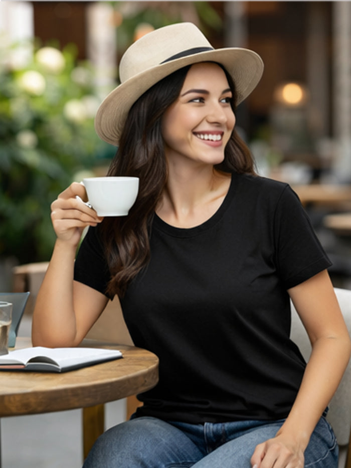 PrintoKraft Women Premium Black Cotton T-Shirt | Soft Plain Round Neck Tee